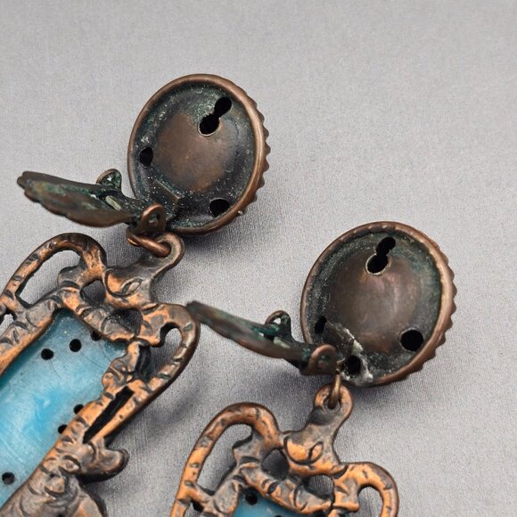 VTG Selro Turquoise Thermoset Floral Design & Copper Clip-On Earrings 2.5" - Picture 5 of 6